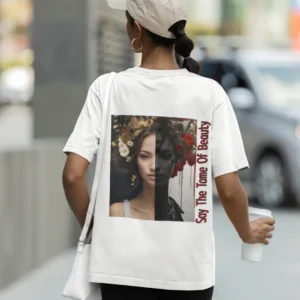 Kadın Oversize Sanatsal Baskılı Tişört – Say The Tame Of Beauty