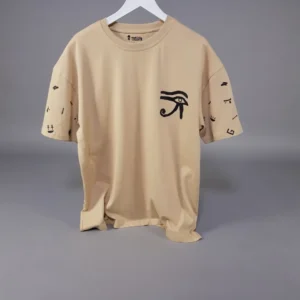 Mısır Hiyeroglif Baskılı Oversize Bej Tişört – %100 Pamuk Unisex Model